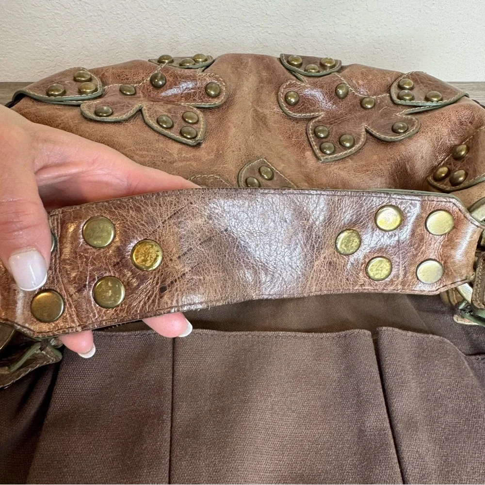 Isabella Fiore Oasis Hobo Brown Distressed Leather Brass Studded Shoulder Bag - Picture 10 of 16